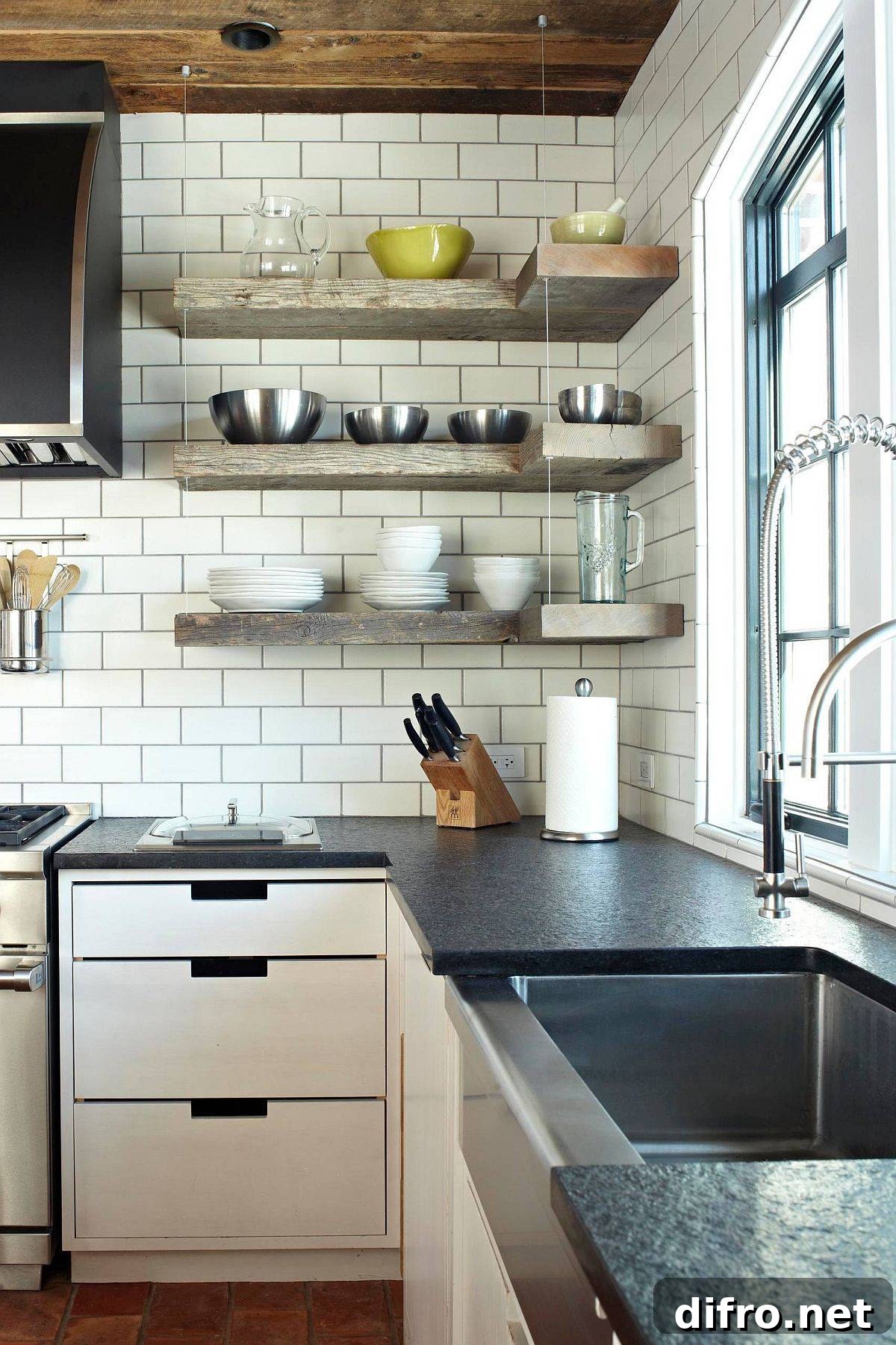 Floating wooden shelves and cabinets maximize a corner