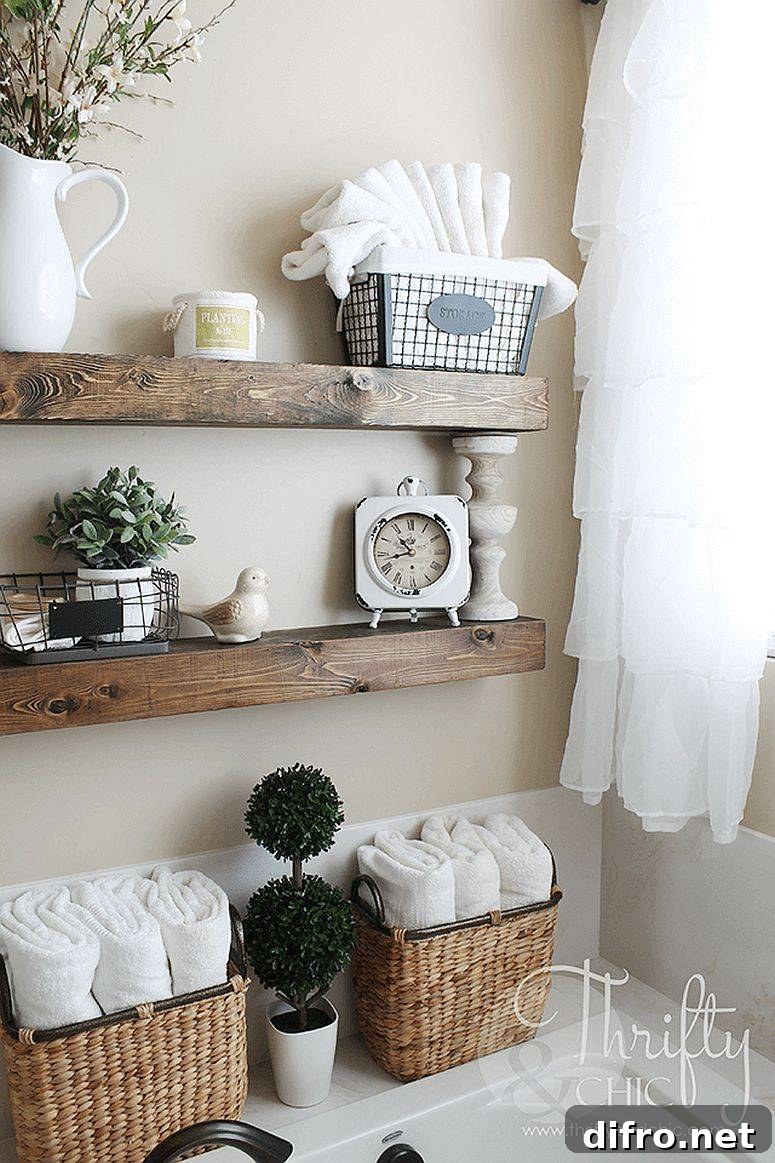 Floating wooden shelves suitable for a small farmhouse bathroom