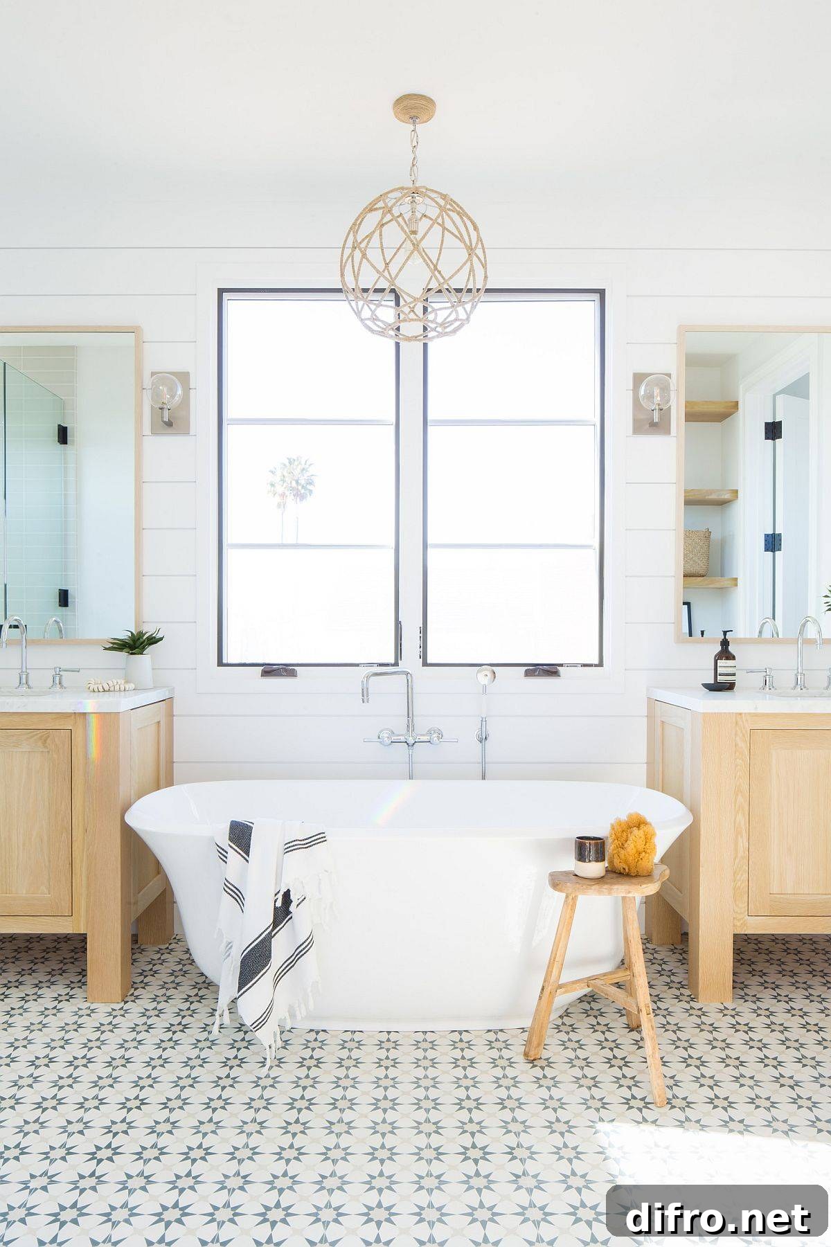 White freestanding bathtub in a compact modern farmhouse bathroom