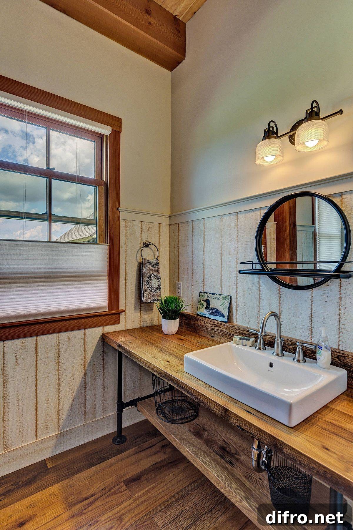 Custom metal and wood vanity and sink emphasize farmhouse style
