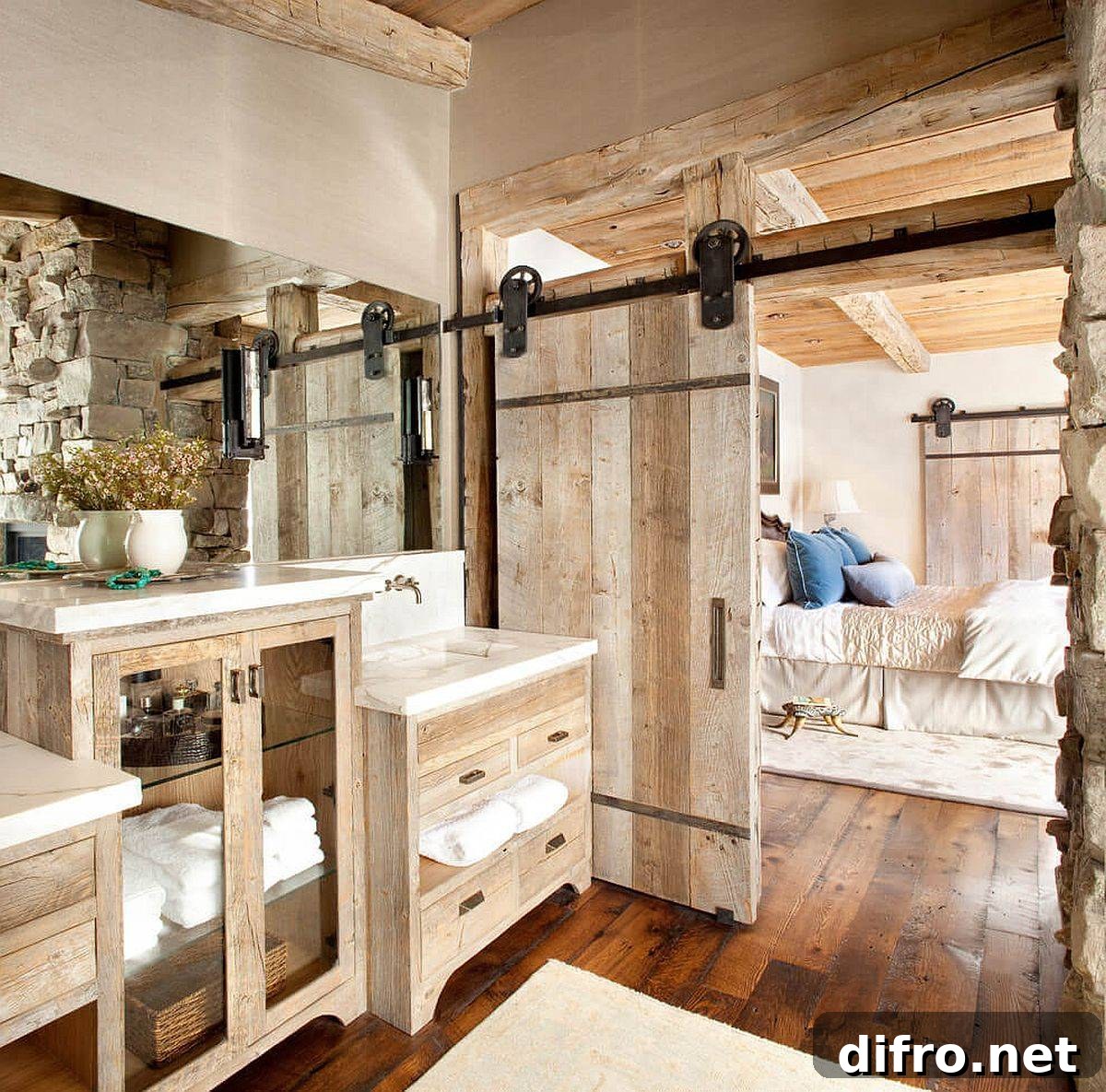 Woodsy farmhouse bathroom with sliding barn door creating continuity with the bedroom