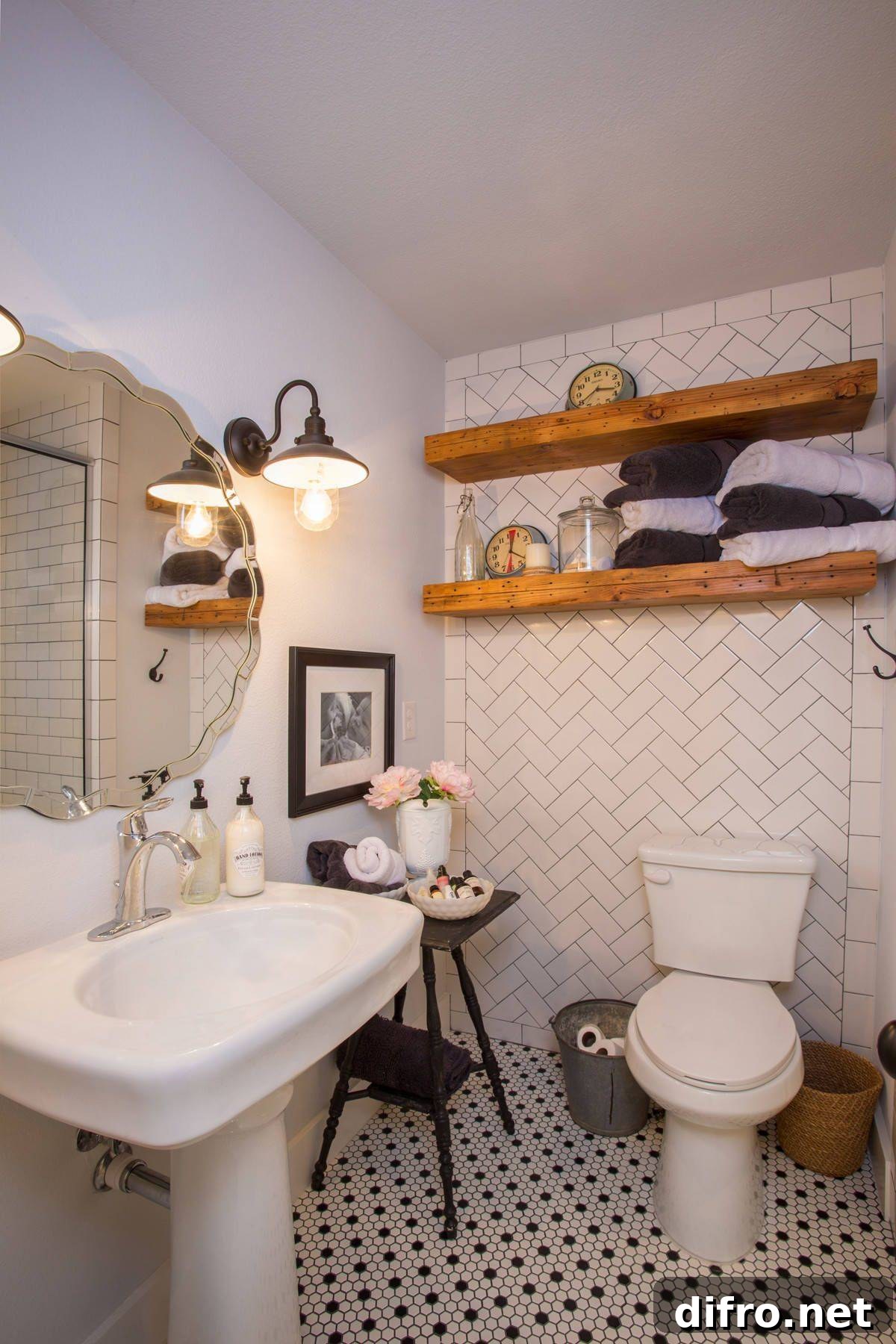Herringbone white tile layout creating a distinct farmhouse bathroom backdrop