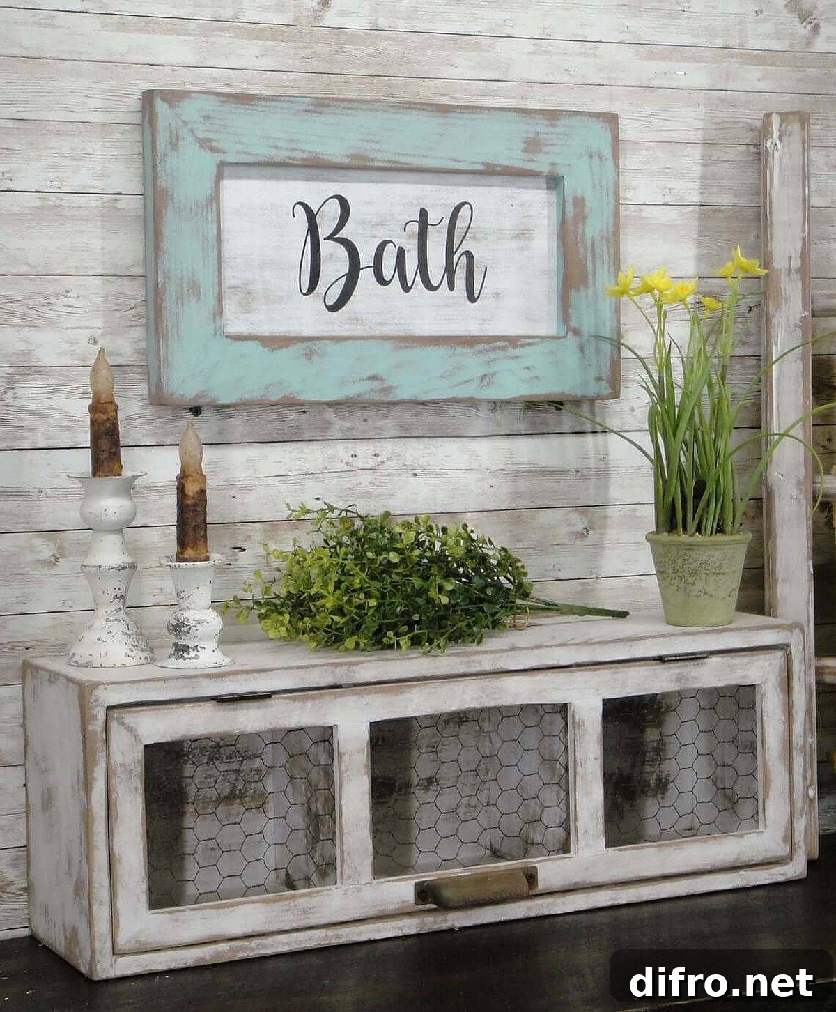 Repurposed and weathered bathroom decor suited for farmhouse style