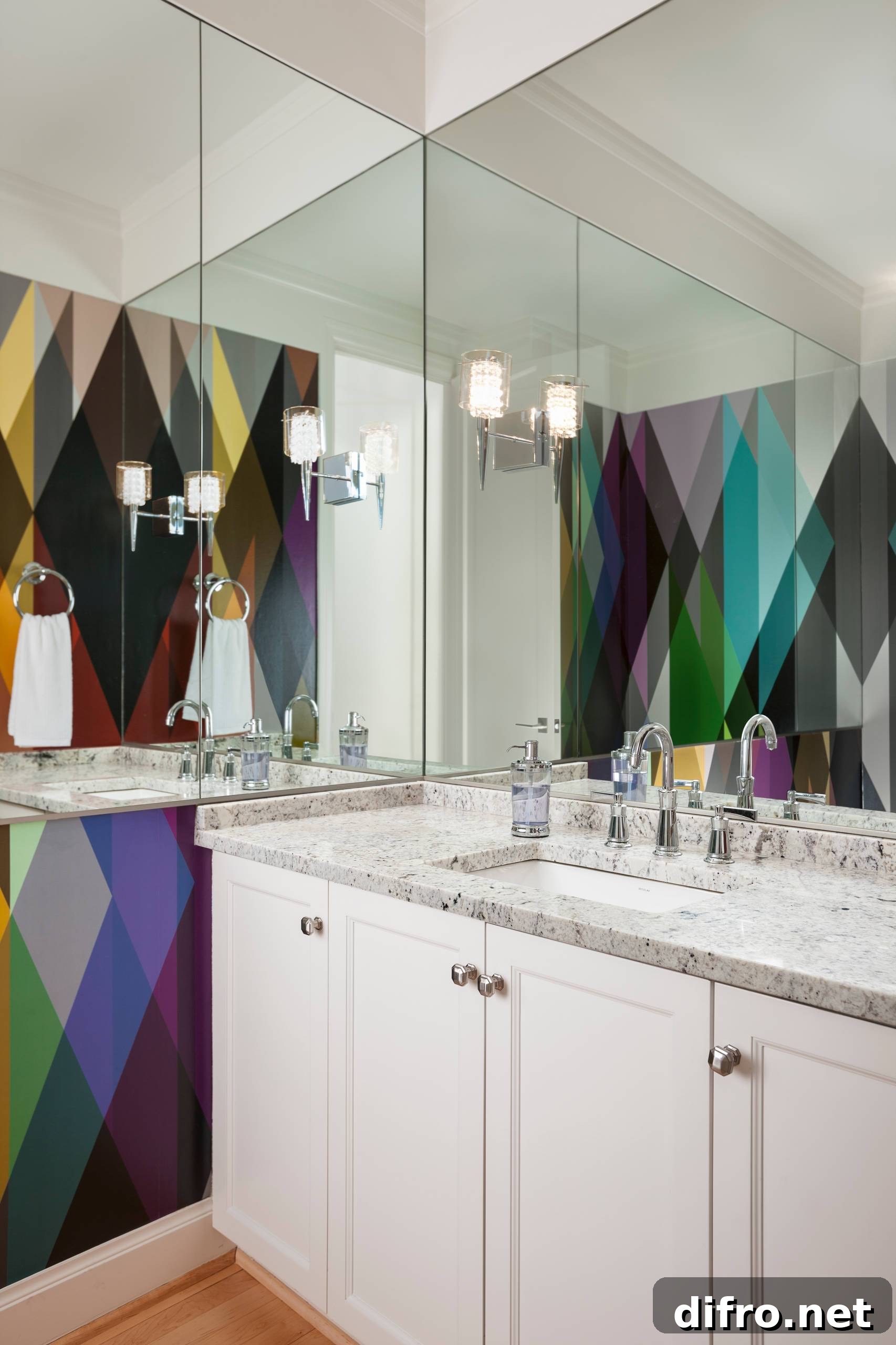 Multi-colored snazzy wallpaper in a white bathroom