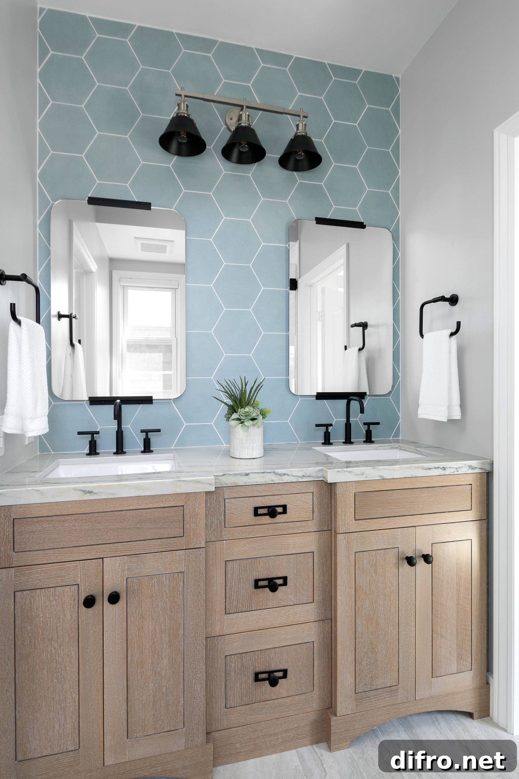 Blue hexagonal tiled backsplash