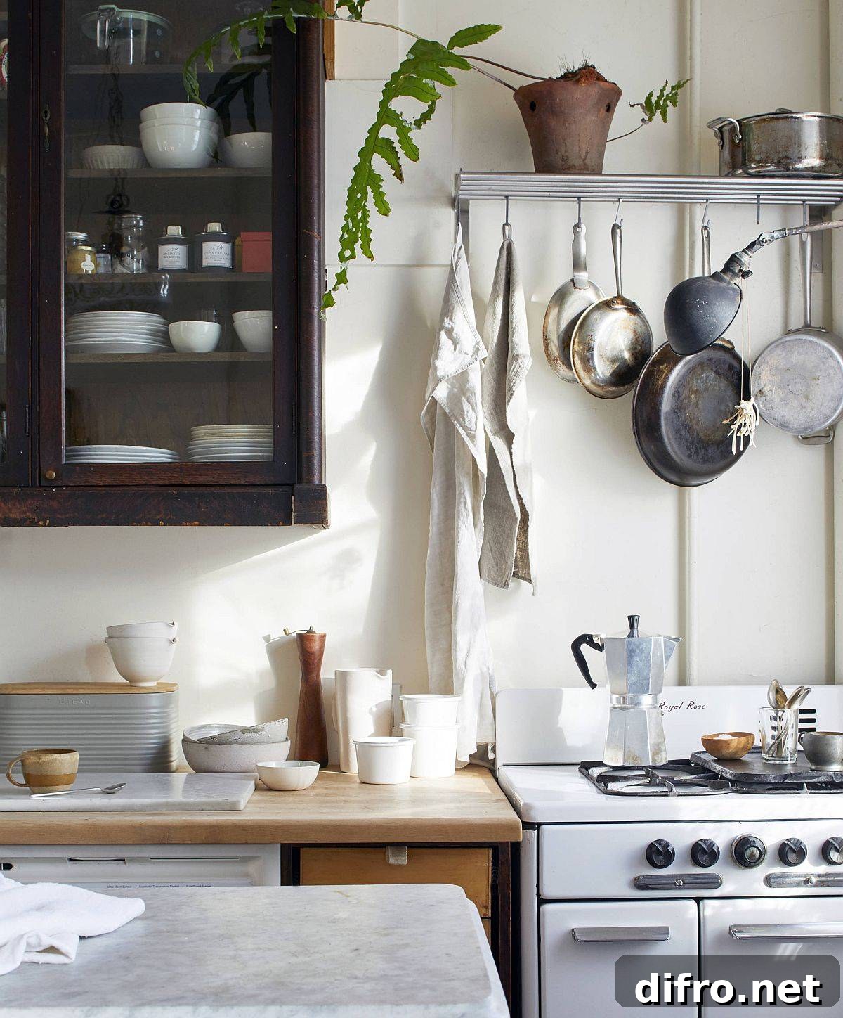 Shelf with rails for hanging pots and pans