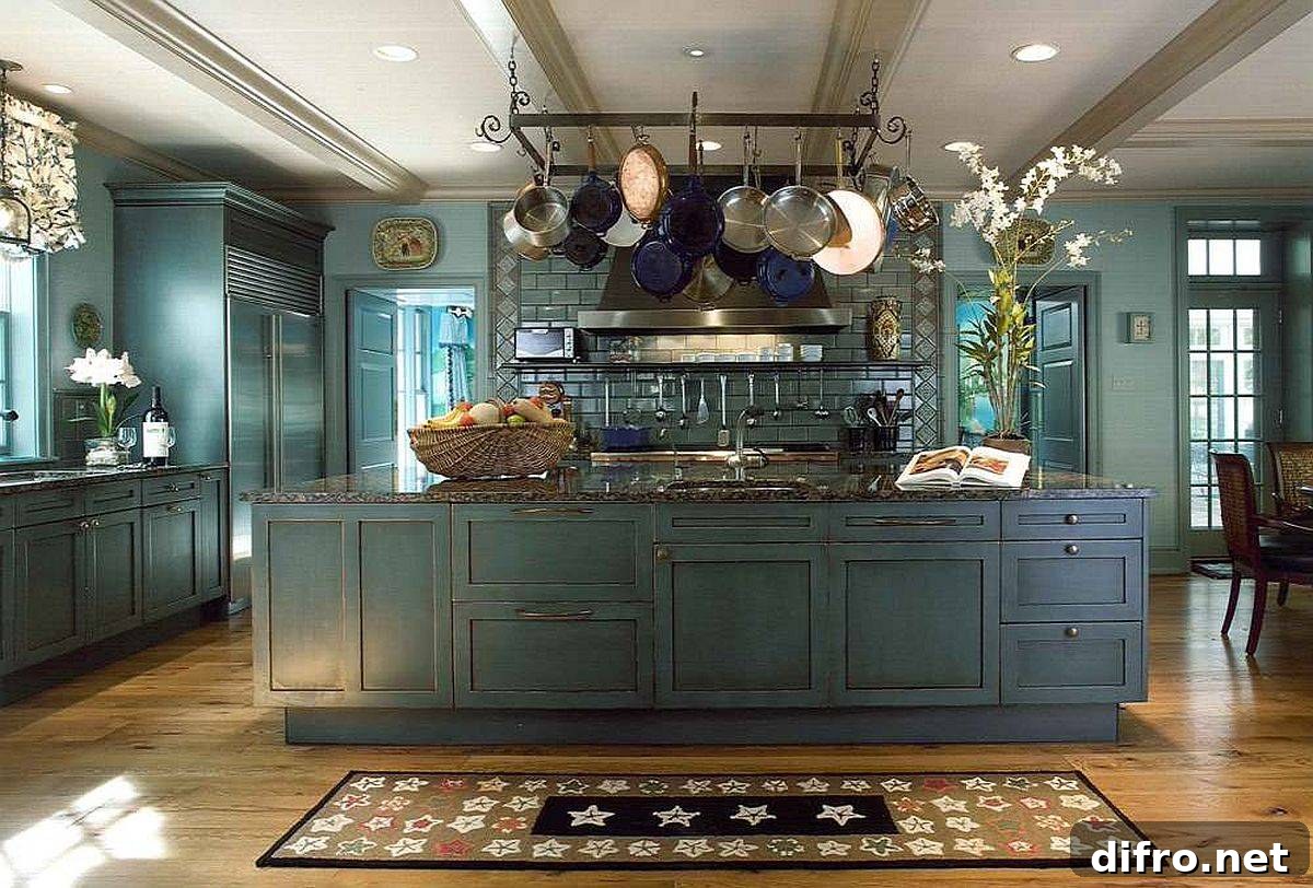 Pot rack hanging above kitchen island