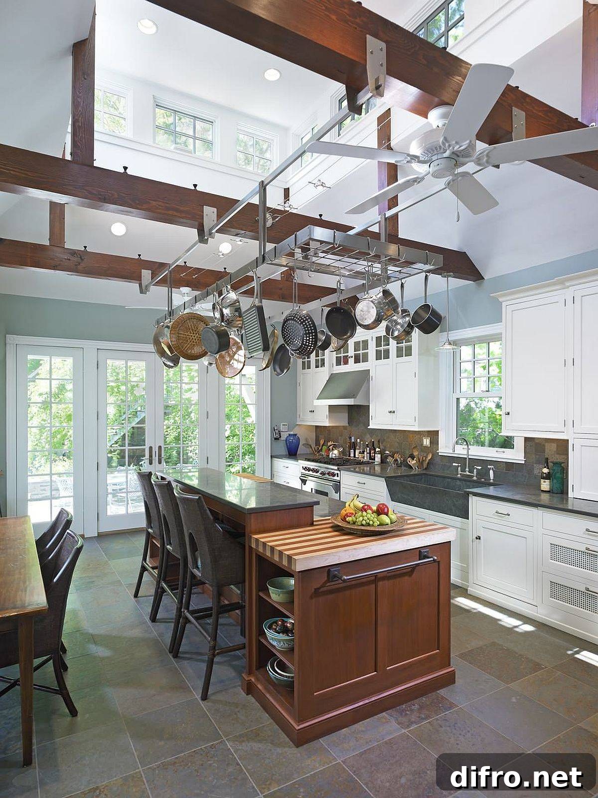 Suspended pot rack saving kitchen space