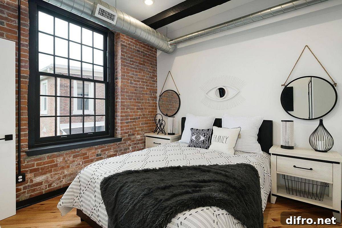 Industrial bedroom with exposed brick wall