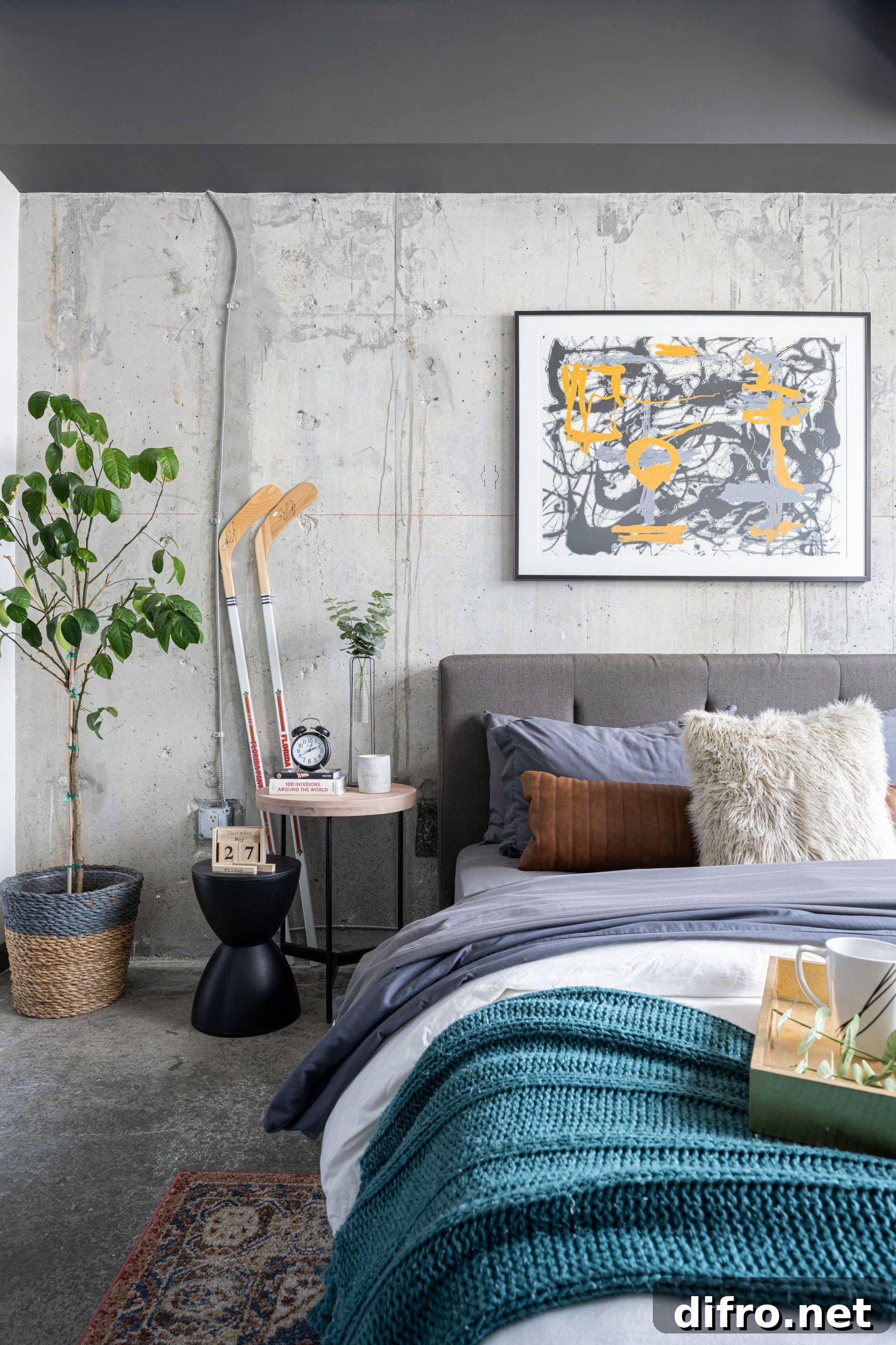 Industrial bedroom with a plant in the corner