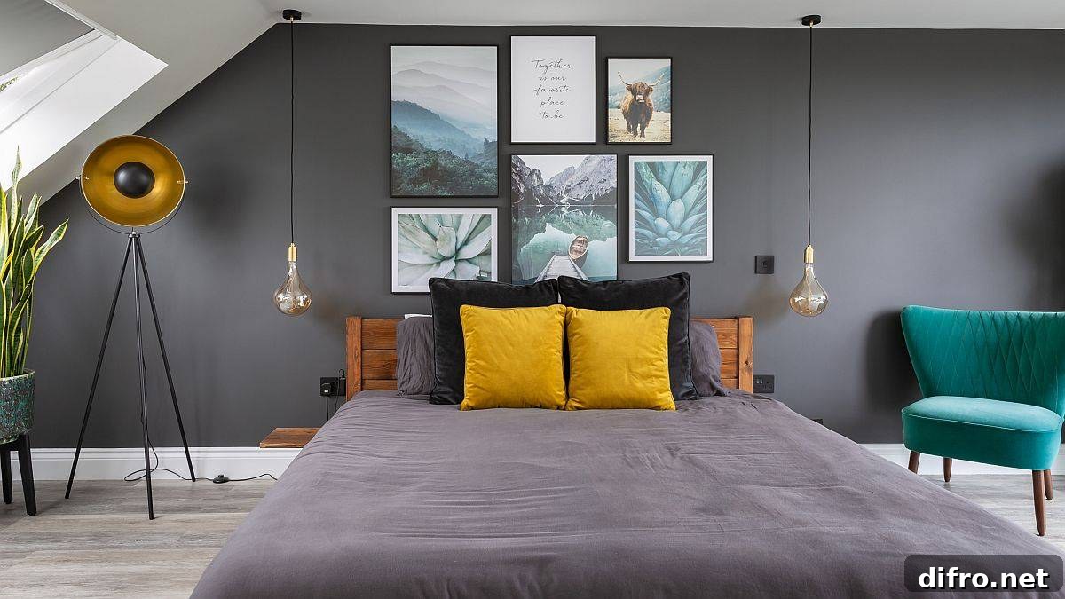 Bedroom with accent pillows and wall art