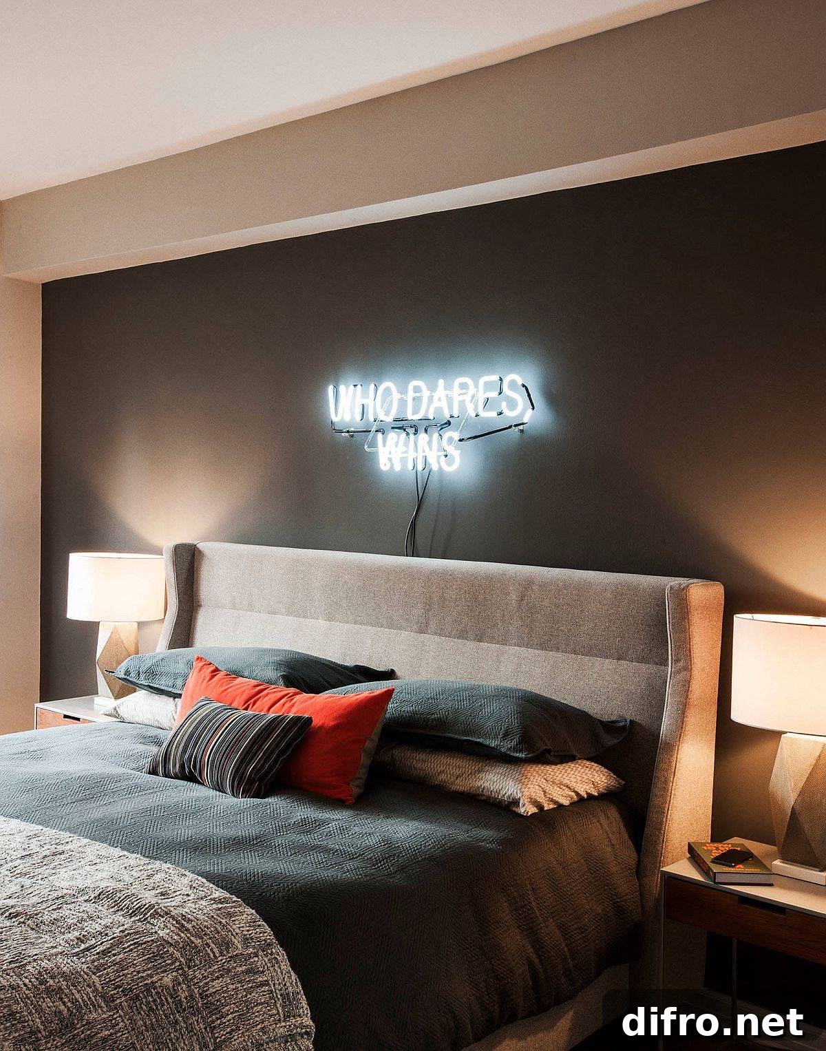 Bedroom with illuminated wall sign