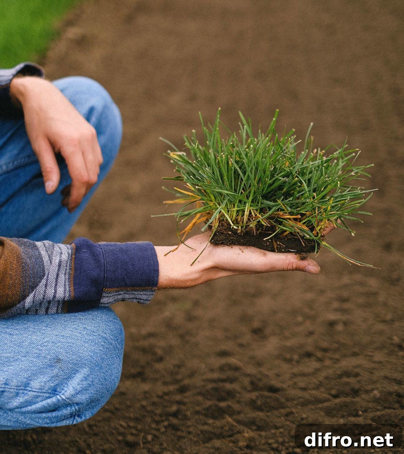 person holding piece of sod above dirt