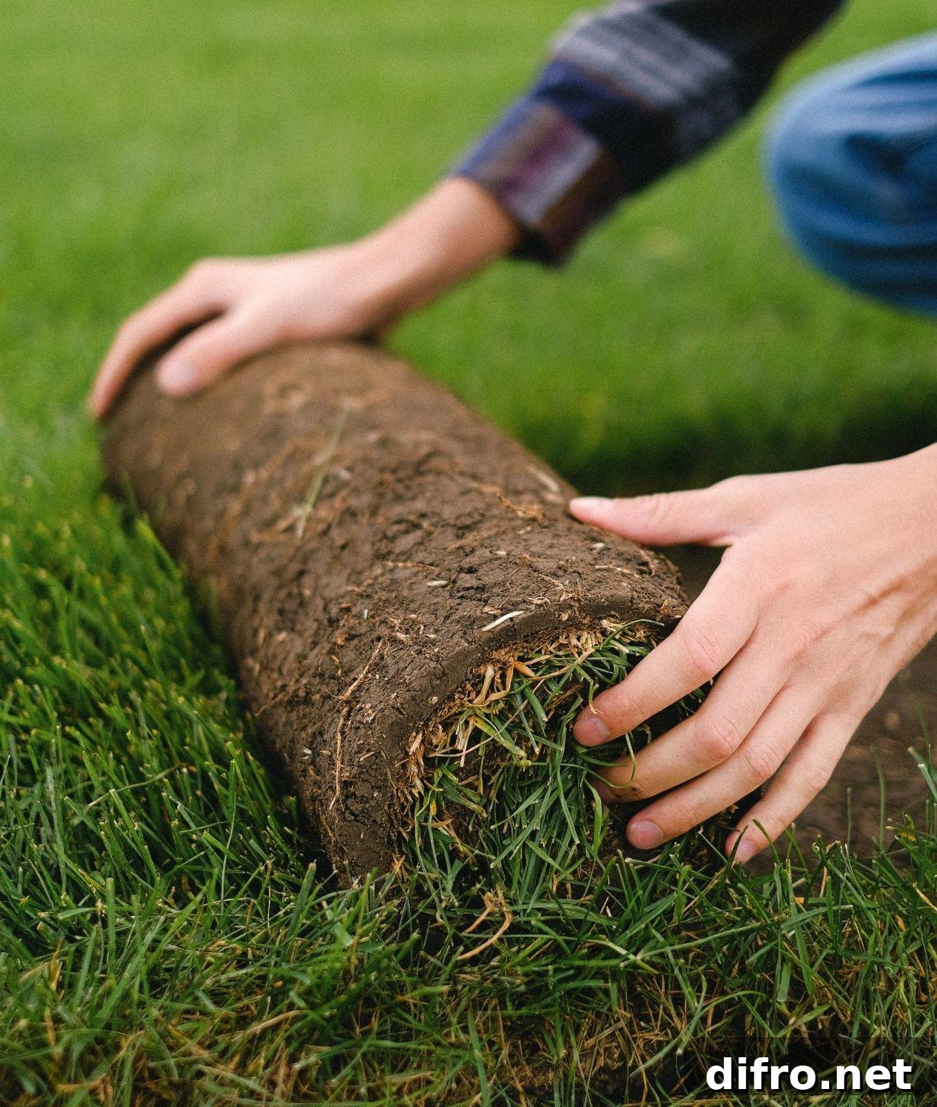 person rolling out strip of sod