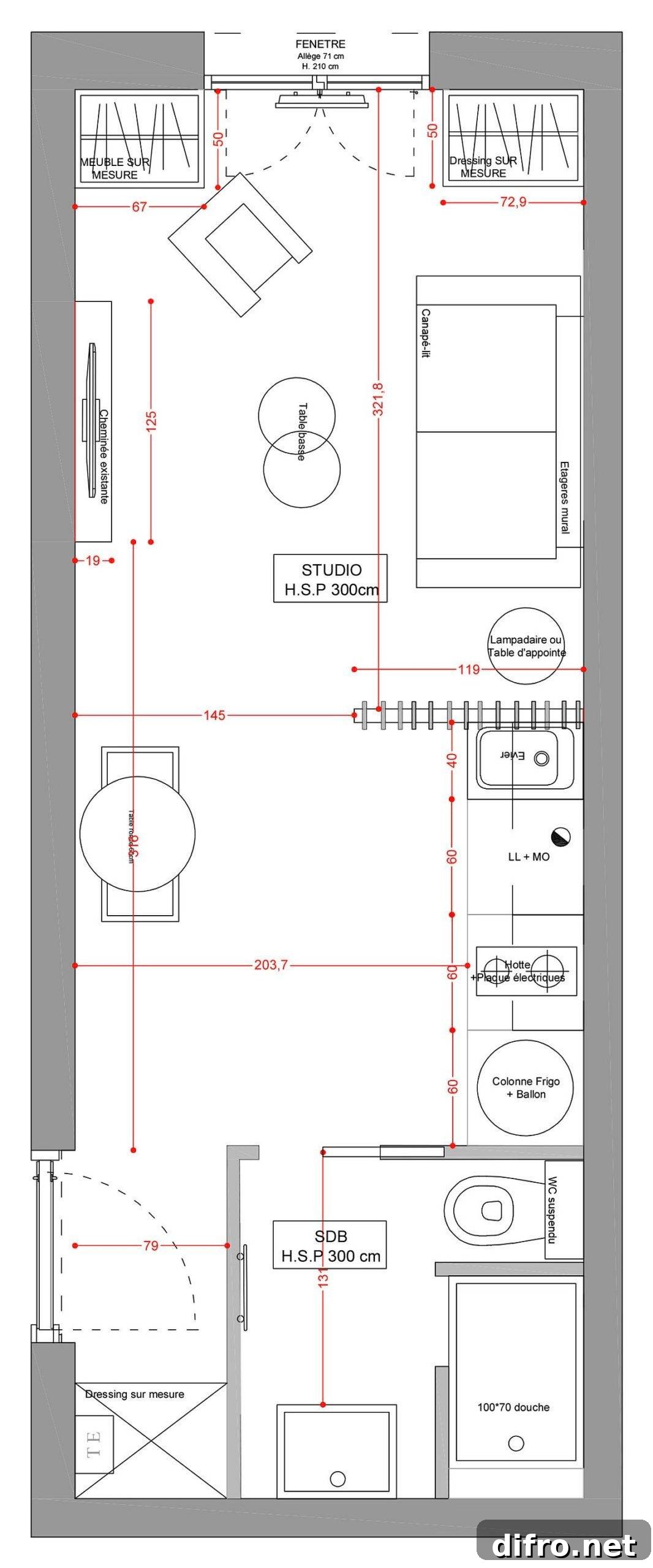 18 sqm Lyon Studio: Modern Scandinavian Space-Saving Design 8 Floor plan for the small studio apartment that is just 18 square meters in size