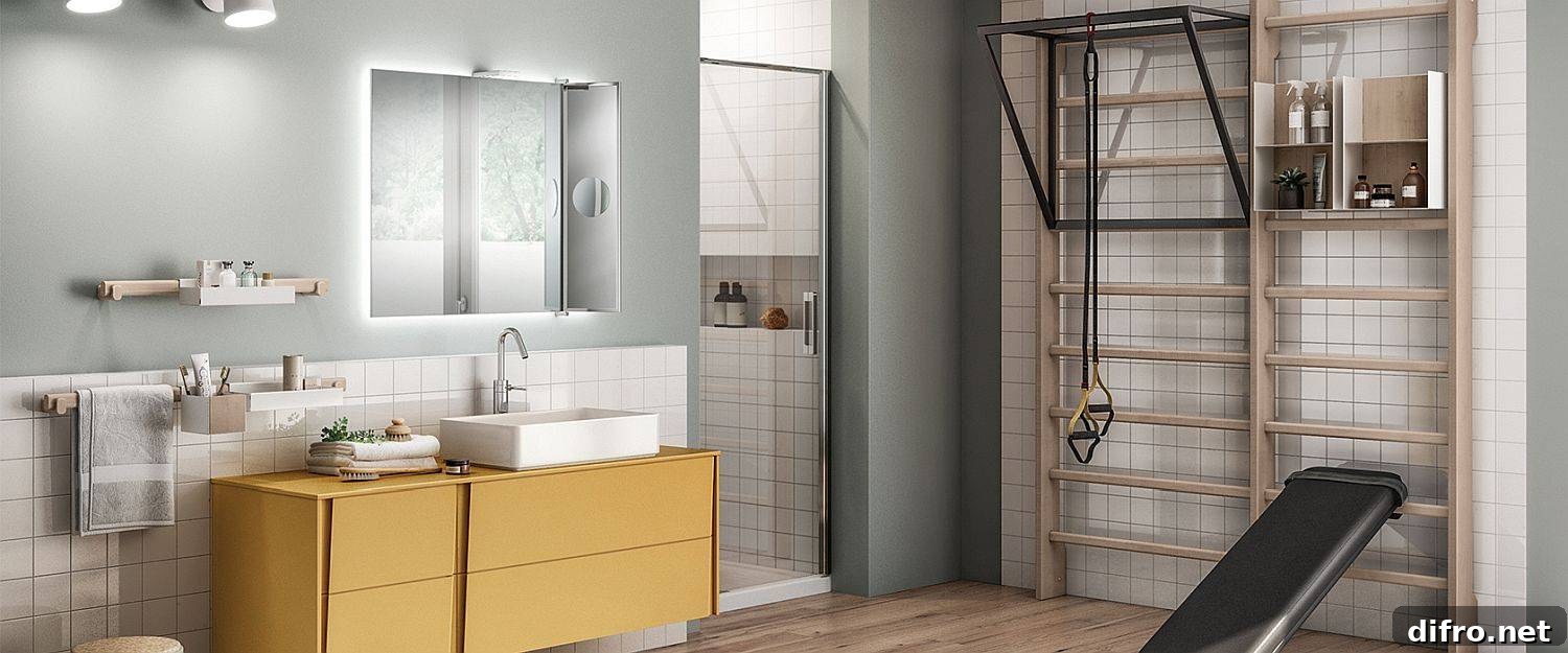 Scavolini bench and pull-up bars in bathroom gym design