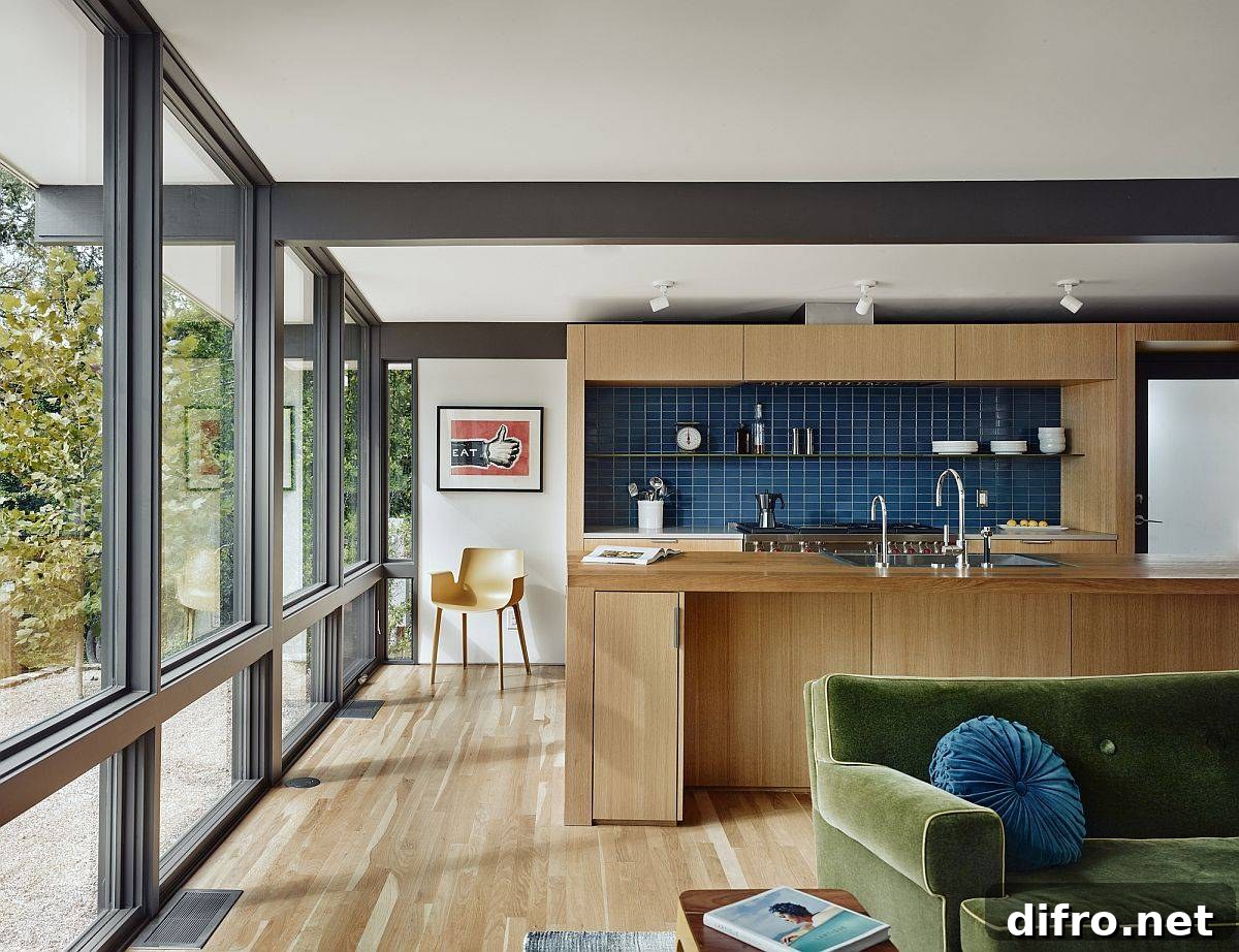 Blue tiled kitchen backsplash