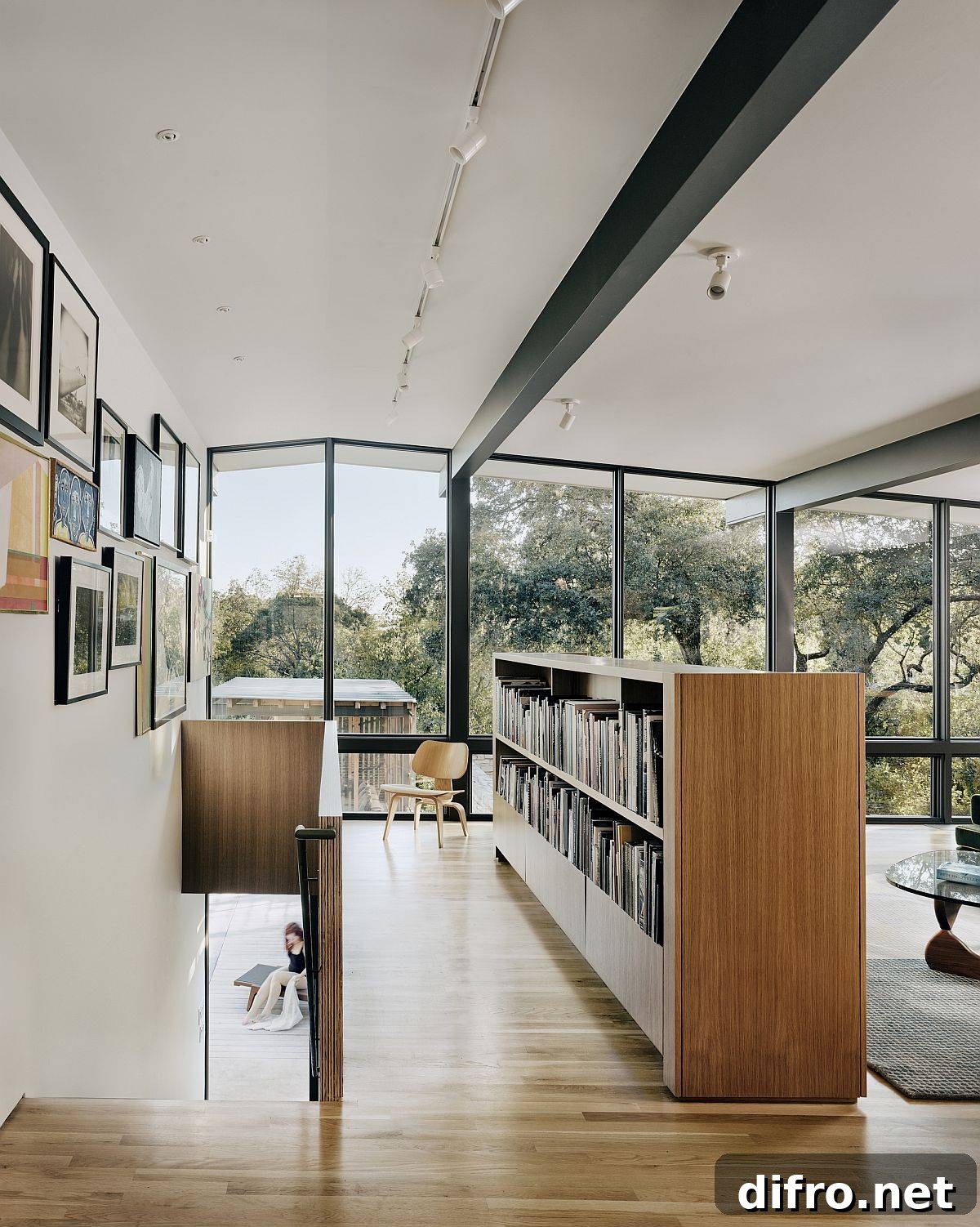 Custom wooden bookshelf half-wall