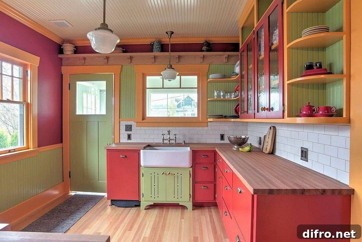 Green and orange kitchen with rustic touches