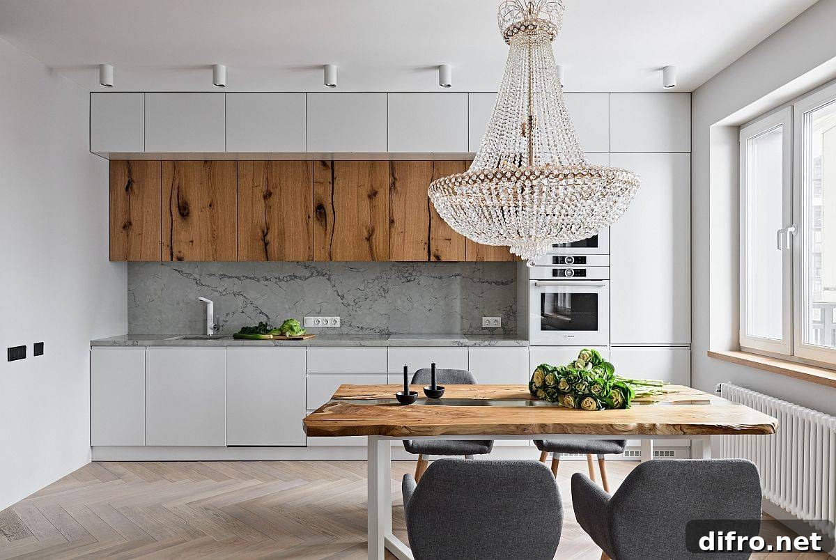 Live-edge table and wood cabinets in white kitchen