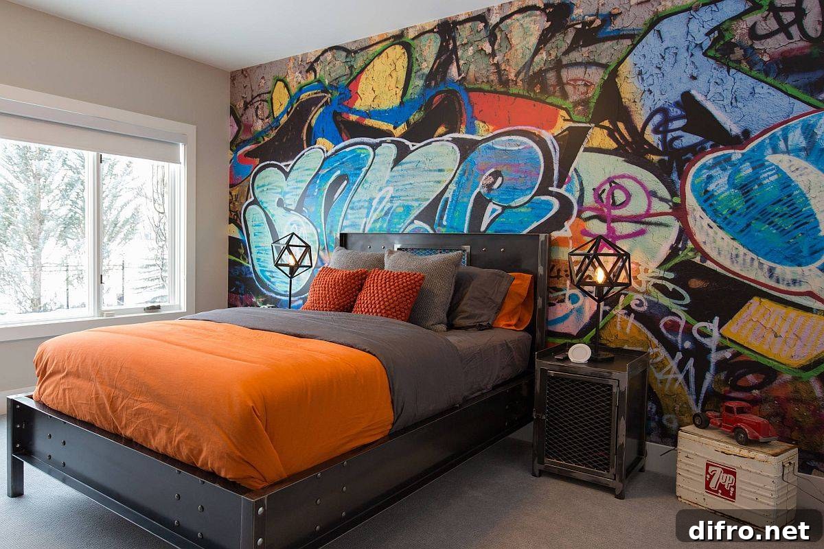 Teen bedroom with graffiti wall