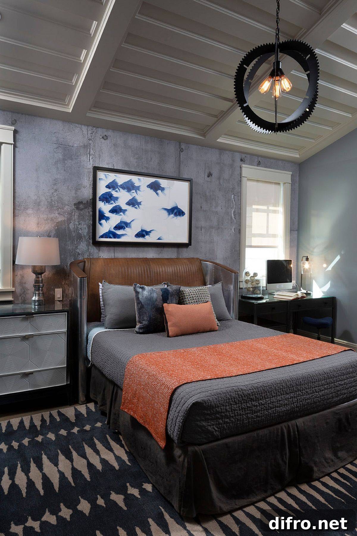 Industrial bedroom with concrete walls