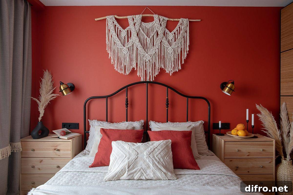 Vases and woven wall art add shabby chic charm to a small modern bedroom
