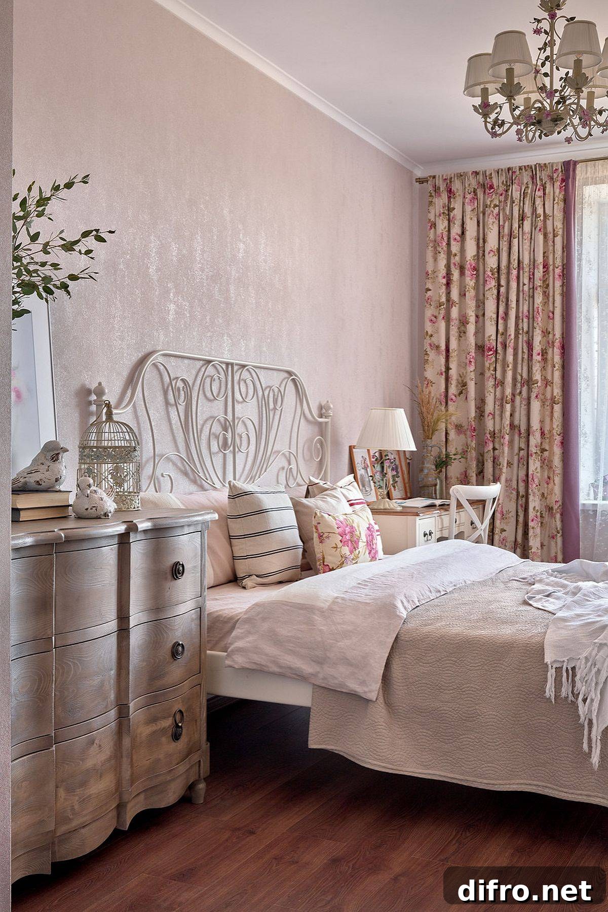 Shabby chic bedroom with pastel hues and floral patterns