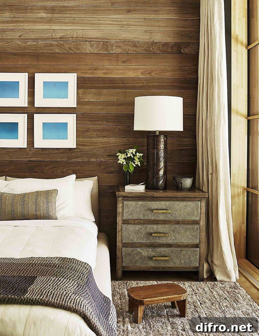 Muted colors, wooden walls and plush textures for fall vibe