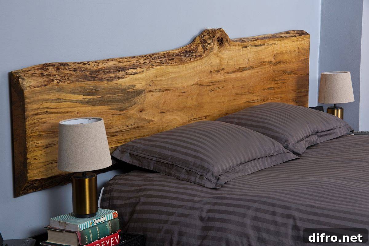 Live-edge wooden headboard in a cozy bedroom