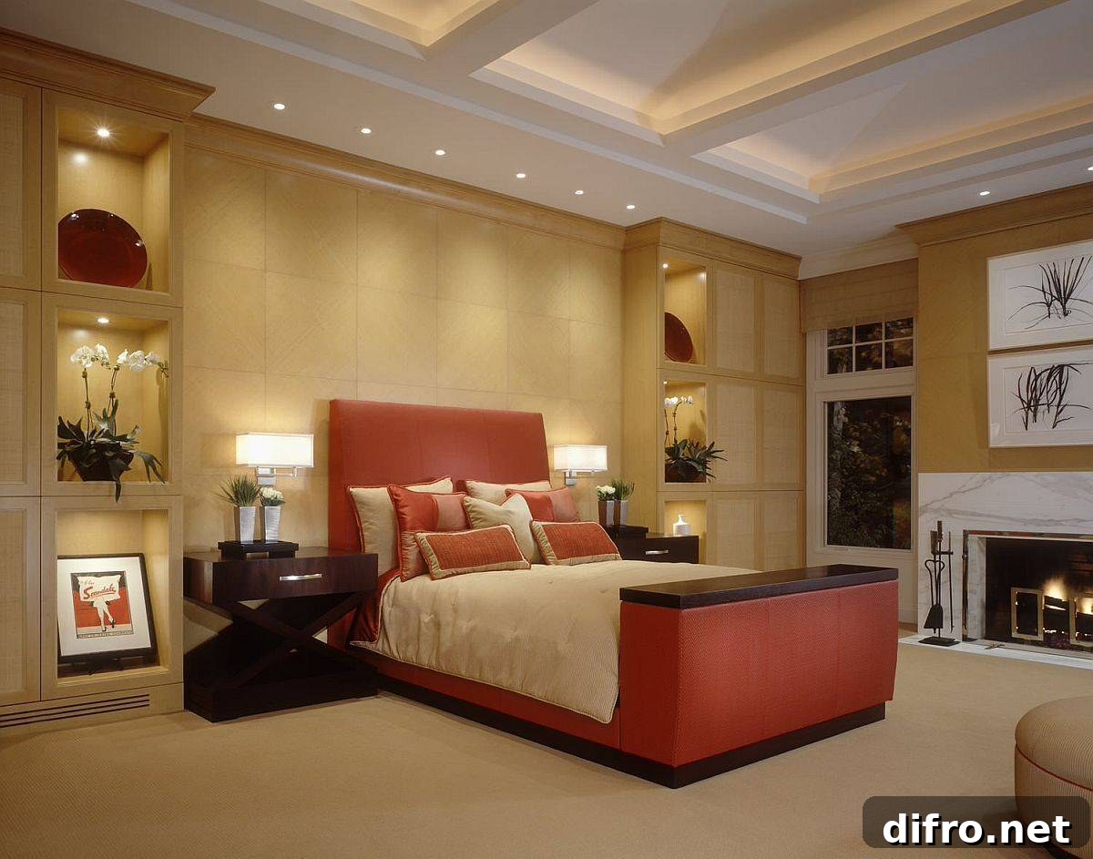 Bedroom with marble-accent fireplace