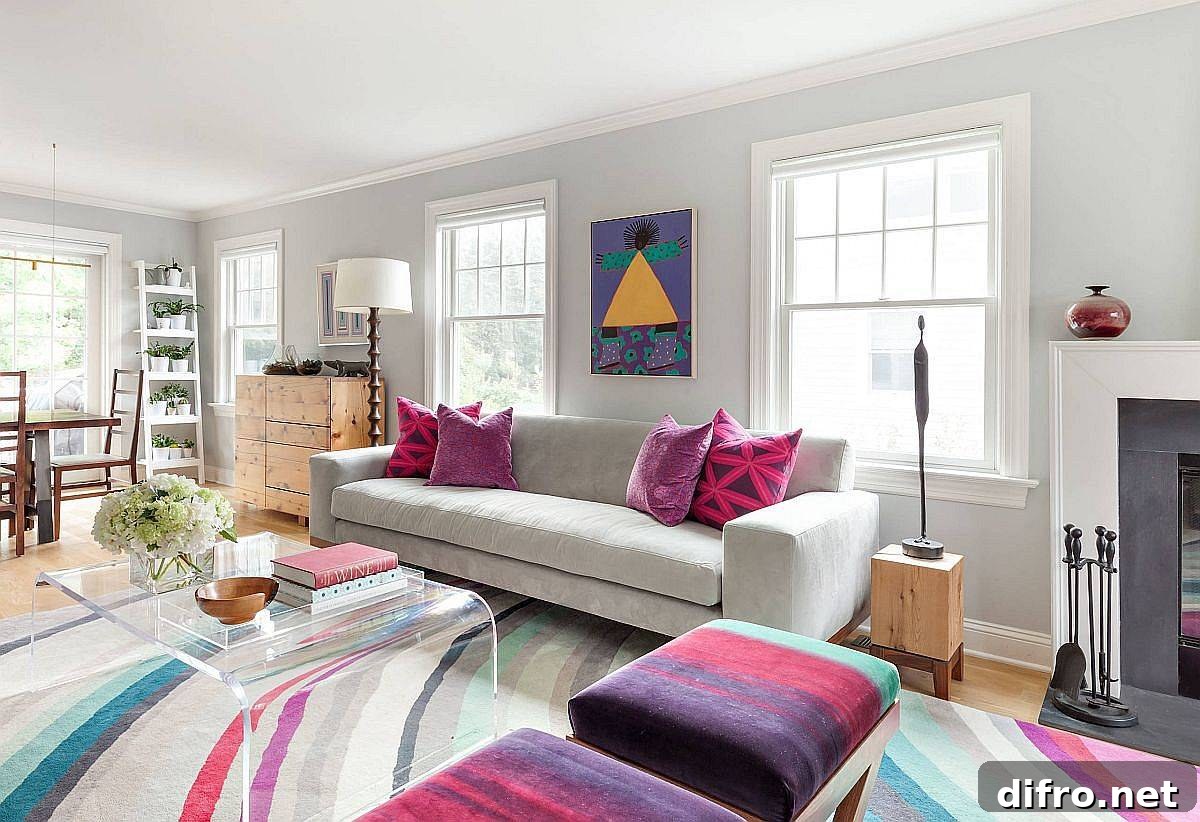 Brightly colored accent pillows that enliven the living room