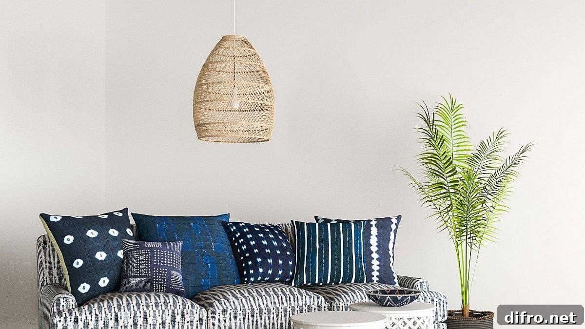 Mixed-pattern accent pillows on a sofa