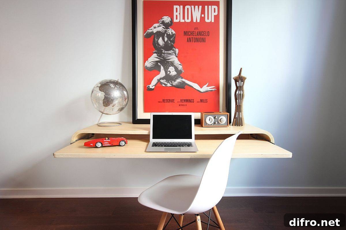 Minimal floating desk with slide-out tray