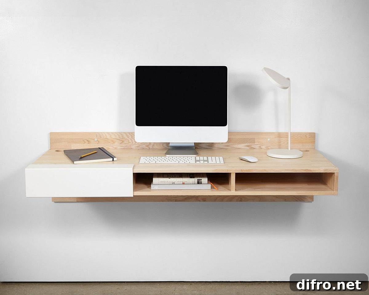 Sleek floating wooden desk with cubbies
