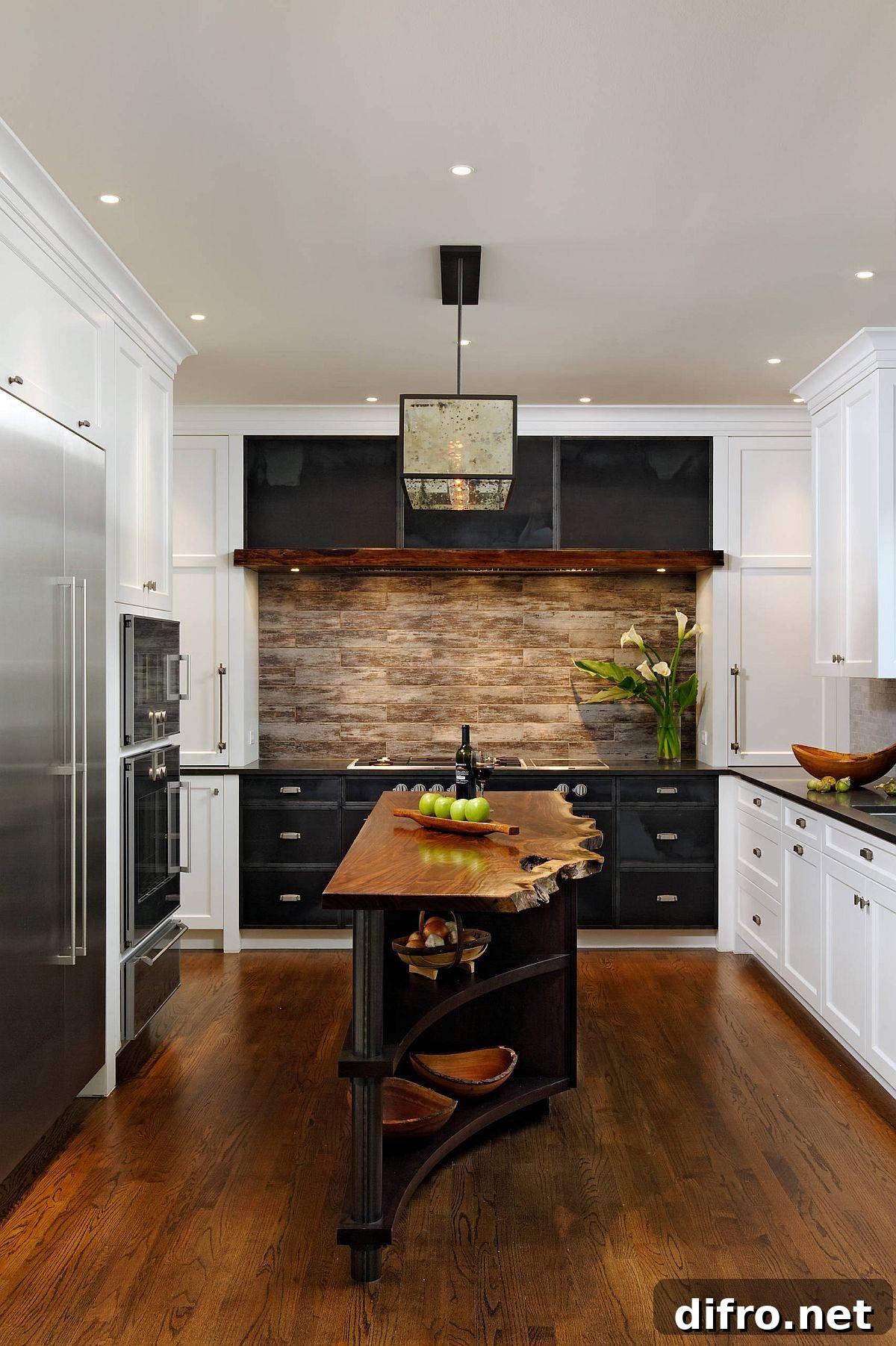 Rustic-industrial kitchen with live-edge island