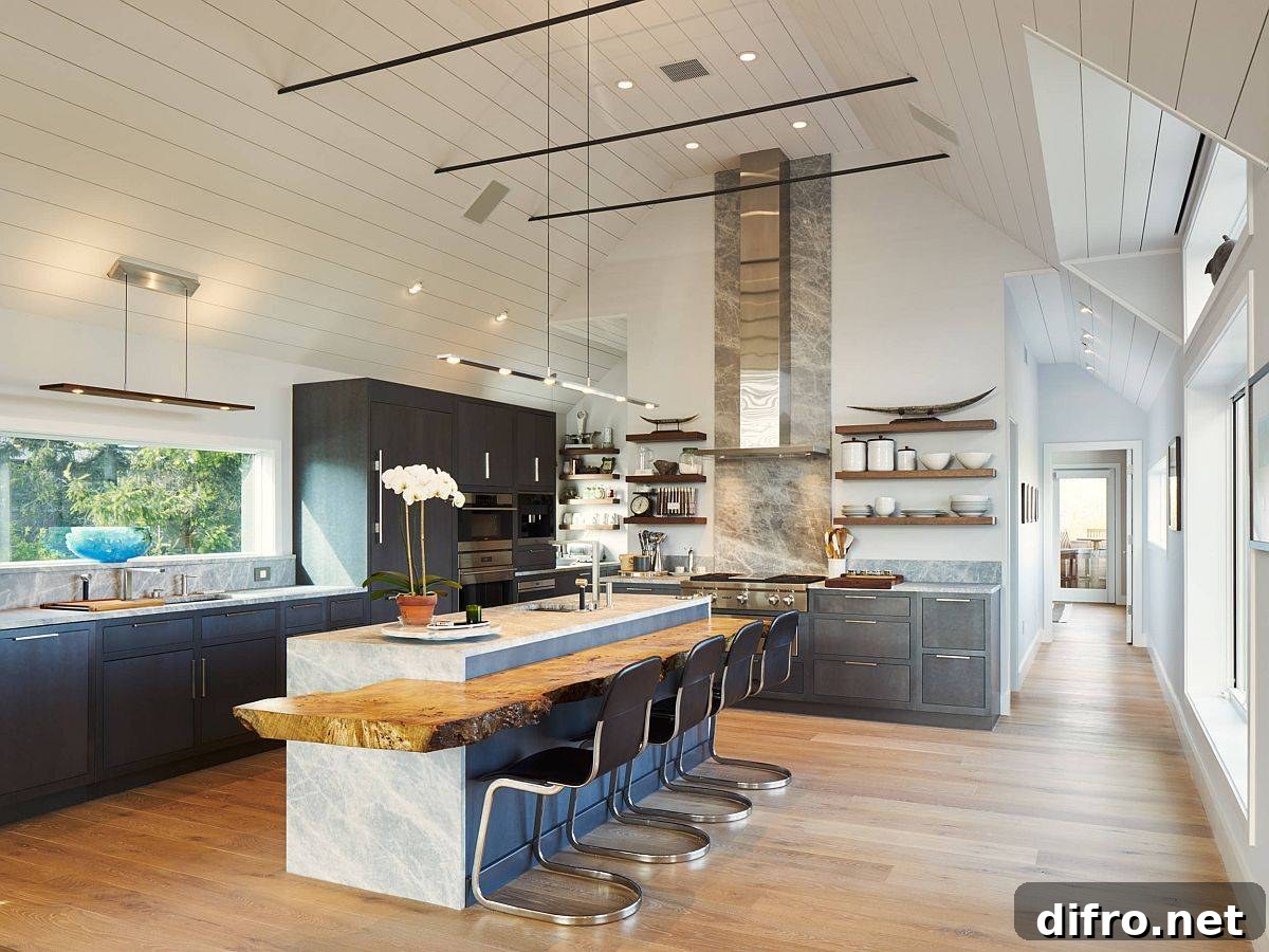 Marble island with live-edge breakfast bar