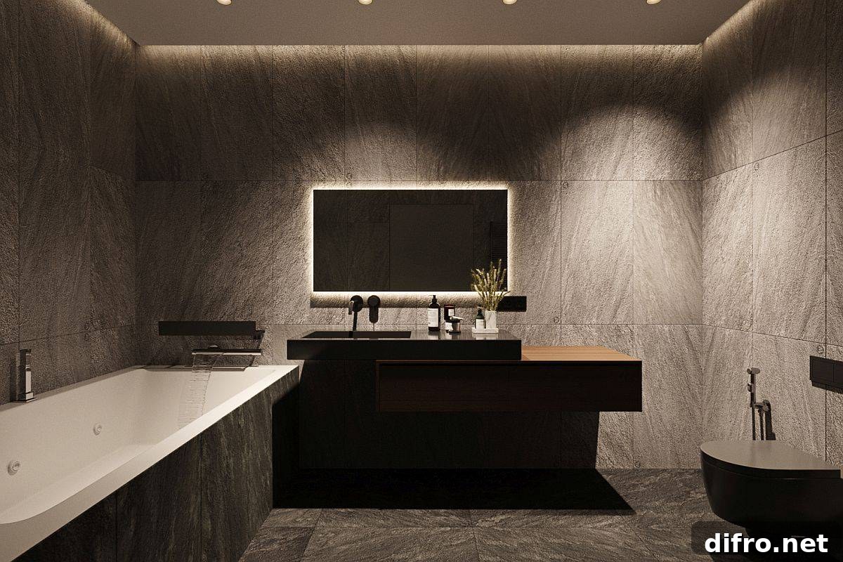 Dark and dramatic bathroom interior