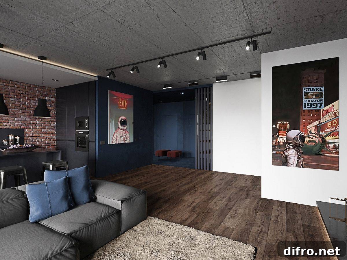 Warm wooden floors contrast with dark finishes in a modern apartment
