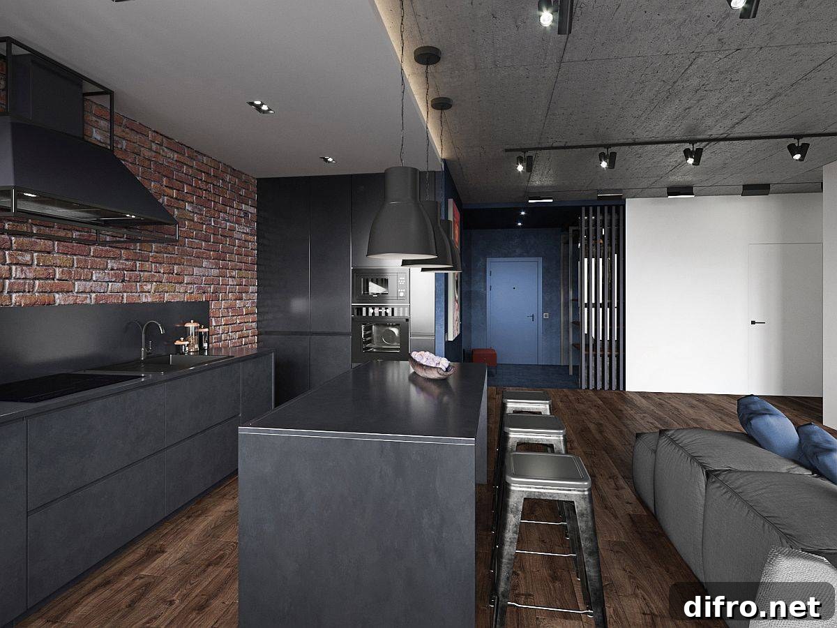 Industrial kitchen with dark finishes and pendant lighting
