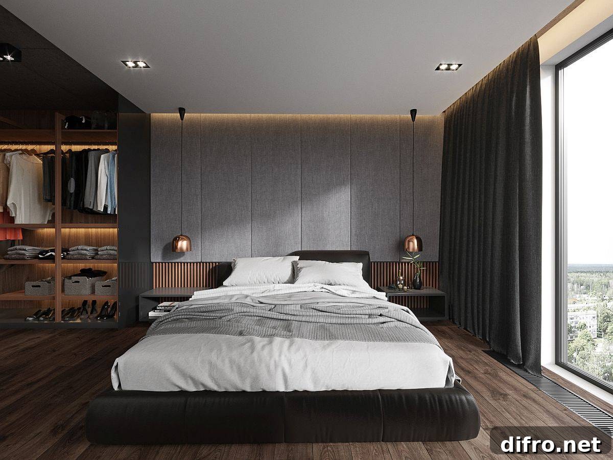 Tufted headboard wall and copper pendants in a bedroom