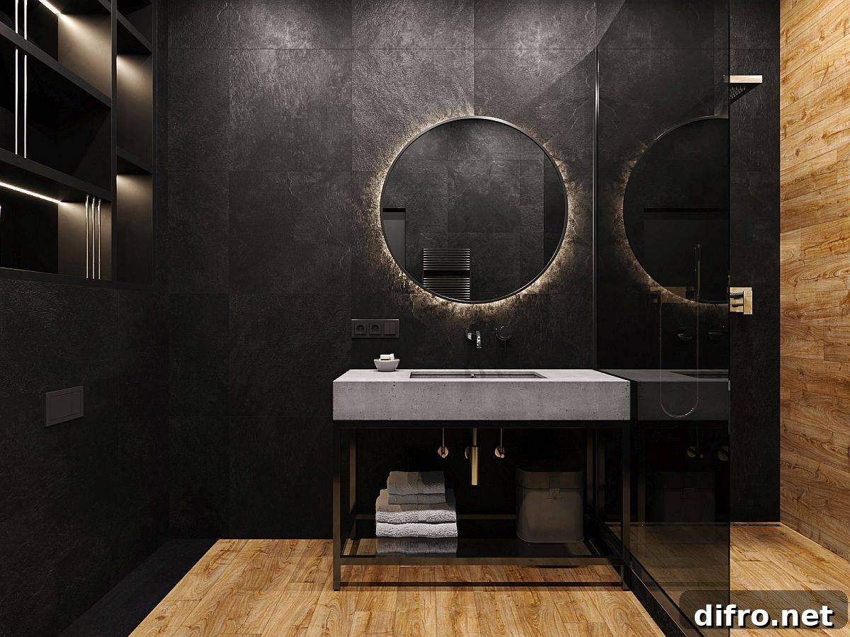 Concrete sink in a dark bathroom setting