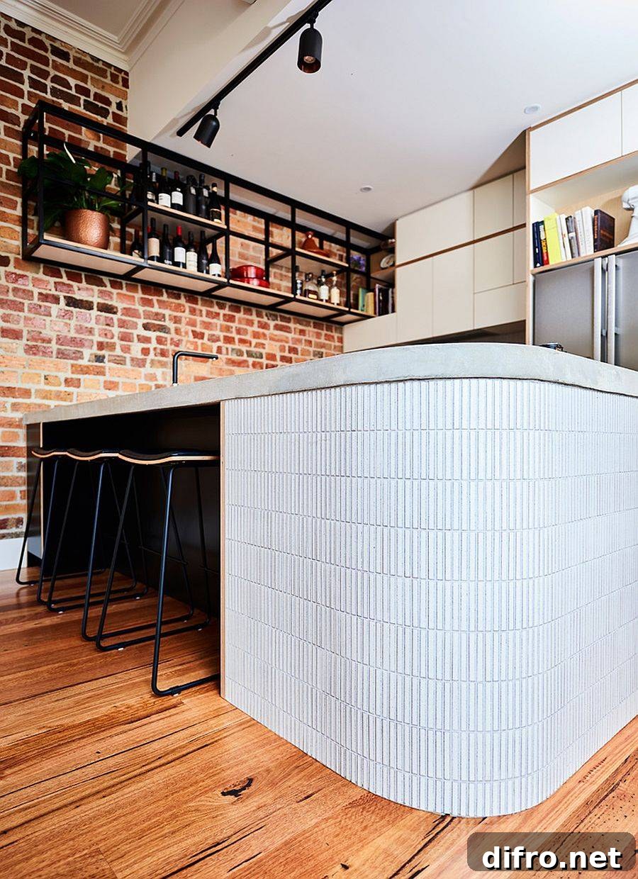 Rounded edge of kitchen worktop for safety in a busy family space