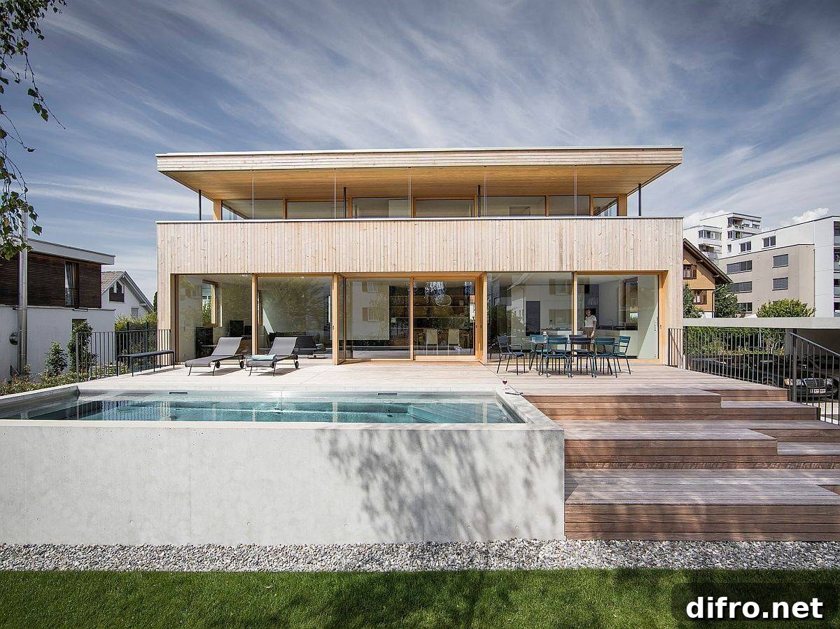 Wood and concrete are the two materials that were used extensively throughout the home