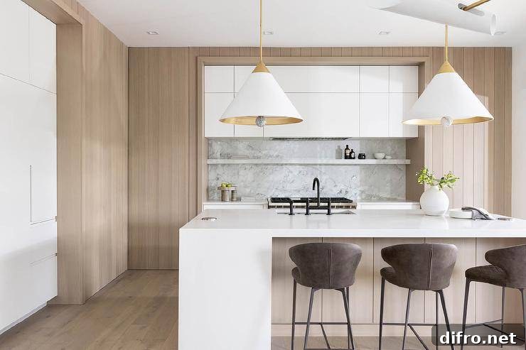 Brown leather stools are placed at a two-tone white and quartz finished with a sink and an oil rubbed bronze faucet lit by Kelly Wearstler Cleo Pendants.
