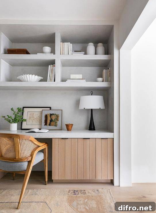 A vintage cane chair sits at a concrete top desk with slatted cabinets and concete shelves.