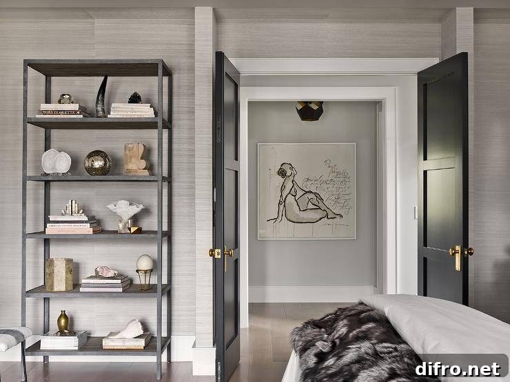 Black double bedroom doors with brass door knobs invite into a bedroom furnished with a twin bed and a black metal bookcase styled with decor, magazines, and books. Platinum gray grasscloth wallpaper brings texture with a timeless natural appeal.