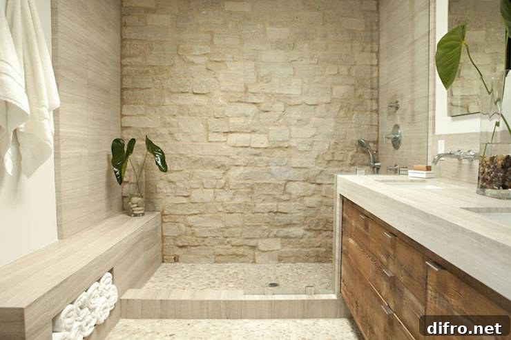 Zen bathroom features open shower clad in stone surround as well as stone shower bench accented with cubby filled with fluffy white towels across from reclaimed wood double vanity topped with stone countertop paired with wall-mounted faucets atop pebble floor.