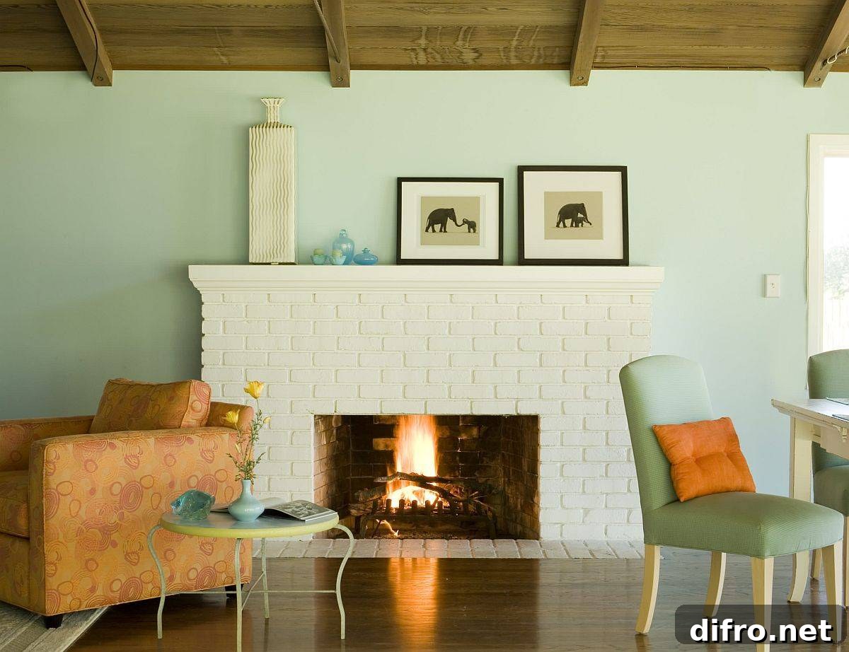 Pastel green used in a small rustic living room