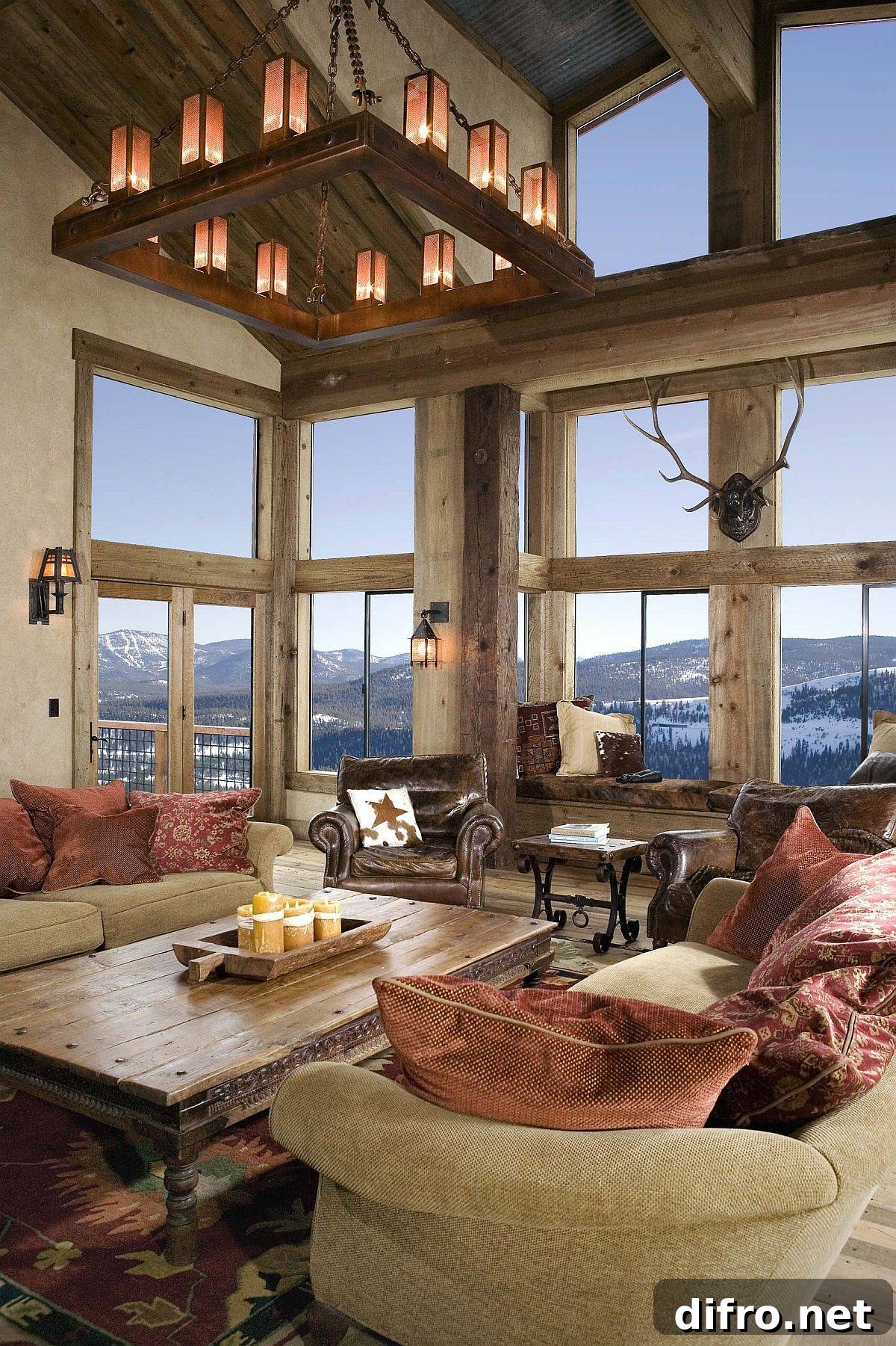 Throw pillows add color to a spacious rustic living room